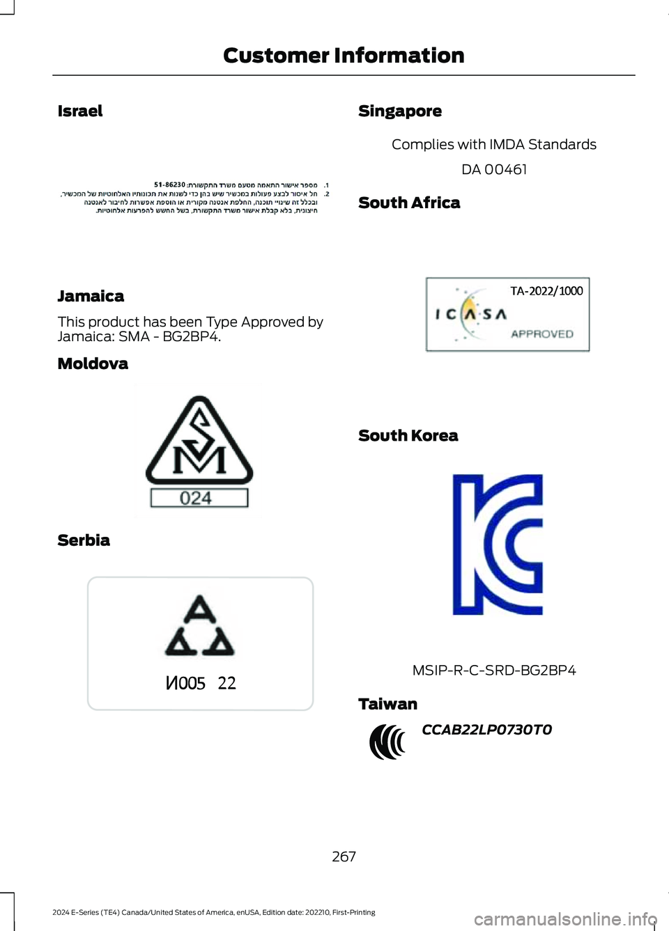FORD E SERIES 2024 Owners Manual Israel
Jamaica
This product has been Type Approved byJamaica: SMA - BG2BP4.
Moldova
Serbia
Singapore
Complies with IMDA Standards
DA 00461
South Africa
South Korea
MSIP-R-C-SRD-BG2BP4
Taiwan
CCAB22LP0 FORD E SERIES 2024 Owners Manual Israel
Jamaica
This product has been Type Approved byJamaica: SMA - BG2BP4.
Moldova
Serbia
Singapore
Complies with IMDA Standards
DA 00461
South Africa
South Korea
MSIP-R-C-SRD-BG2BP4
Taiwan
CCAB22LP0