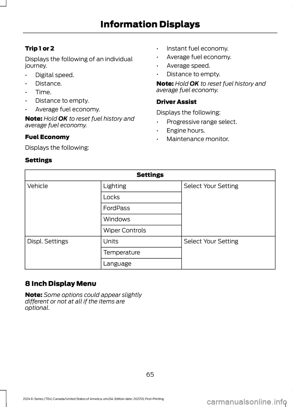 FORD E SERIES 2024 Repair Manual Trip 1 or 2
Displays the following of an individualjourney.
•Digital speed.
•Distance.
•Time.
•Distance to empty.
•Average fuel economy.
Note:Hold OK to reset fuel history andaverage fuel ec FORD E SERIES 2024 Repair Manual Trip 1 or 2
Displays the following of an individualjourney.
•Digital speed.
•Distance.
•Time.
•Distance to empty.
•Average fuel economy.
Note:Hold OK to reset fuel history andaverage fuel ec