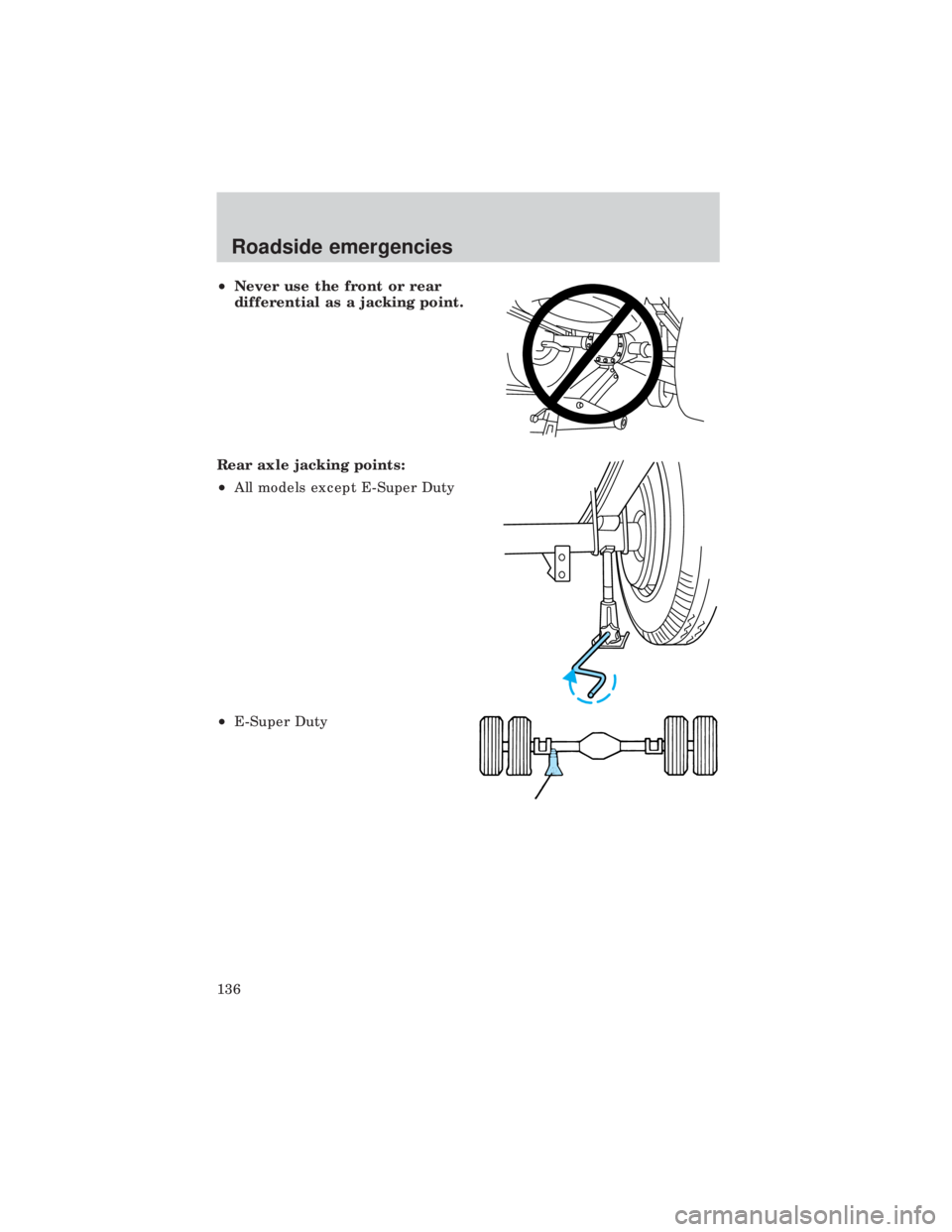 FORD E150 1999 Owners Manual ²Never use the front or rear
differential as a jacking point.
Rear axle jacking points:
²All models except E-Super Duty
²E-Super Duty
Roadside emergencies
136 FORD E150 1999 Owners Manual ²Never use the front or rear
differential as a jacking point.
Rear axle jacking points:
²All models except E-Super Duty
²E-Super Duty
Roadside emergencies
136