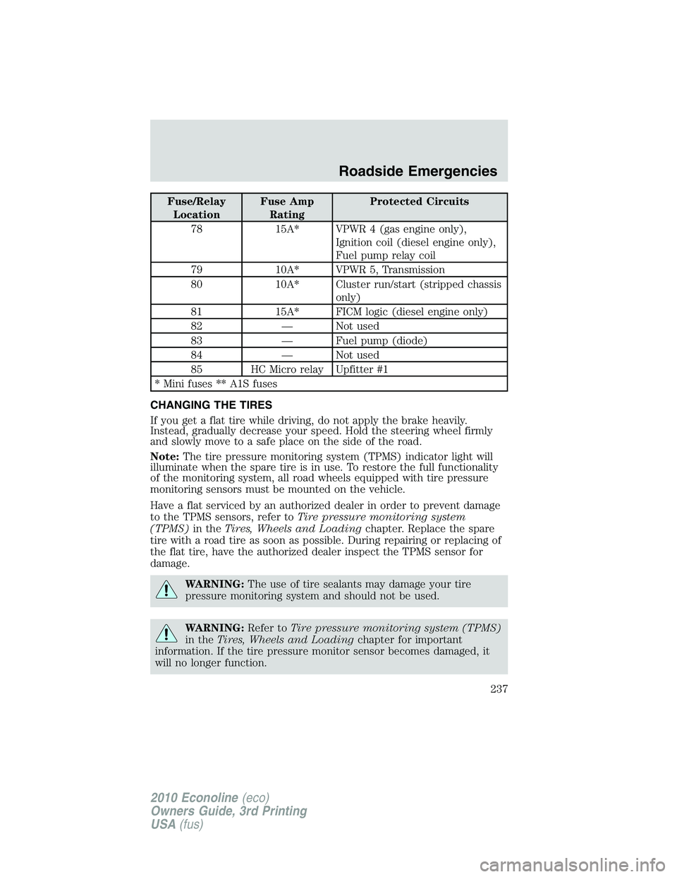 FORD E150 2010 User Guide Fuse/Relay
LocationFuse Amp
RatingProtected Circuits
78 15A* VPWR 4 (gas engine only),
Ignition coil (diesel engine only),
Fuel pump relay coil
79 10A* VPWR 5, Transmission
80 10A* Cluster run/start ( FORD E150 2010 User Guide Fuse/Relay
LocationFuse Amp
RatingProtected Circuits
78 15A* VPWR 4 (gas engine only),
Ignition coil (diesel engine only),
Fuel pump relay coil
79 10A* VPWR 5, Transmission
80 10A* Cluster run/start (