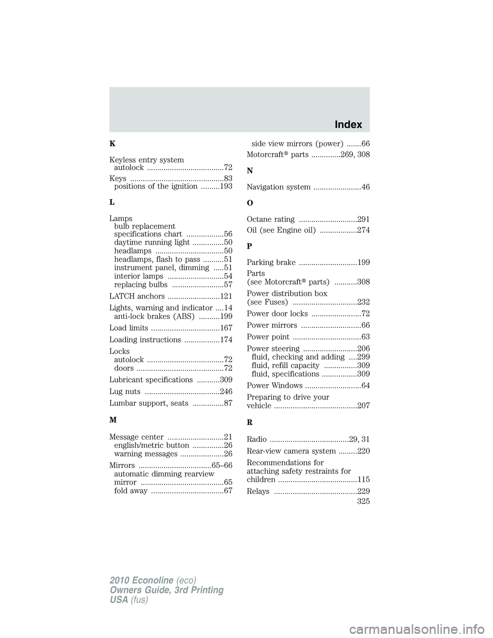 FORD E150 2010 User Guide K
Keyless entry system
autolock .....................................72
Keys .............................................83
positions of the ignition .........193
L
Lamps
bulb replacement
specificati