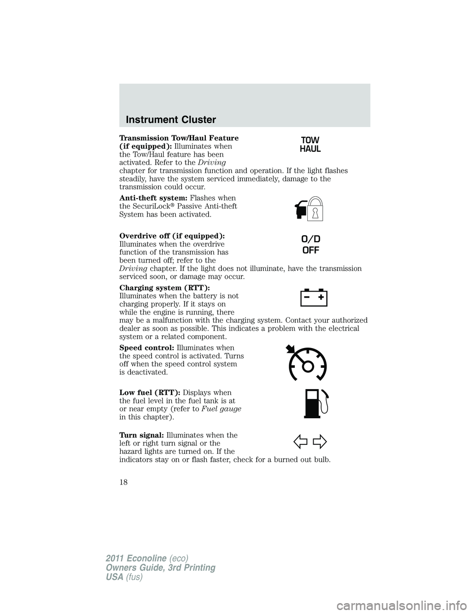 FORD E150 2011 User Guide Transmission Tow/Haul Feature
(if equipped):Illuminates when
the Tow/Haul feature has been
activated. Refer to theDriving
chapter for transmission function and operation. If the light flashes
steadily FORD E150 2011 User Guide Transmission Tow/Haul Feature
(if equipped):Illuminates when
the Tow/Haul feature has been
activated. Refer to theDriving
chapter for transmission function and operation. If the light flashes
steadily