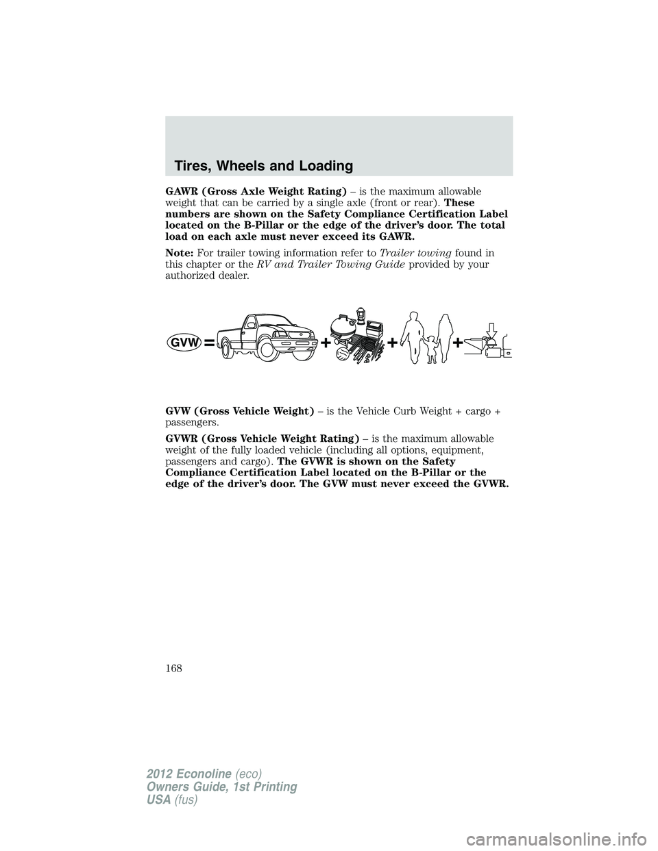 FORD E150 2012 Owners Manual GAWR (Gross Axle Weight Rating)– is the maximum allowable
weight that can be carried by a single axle (front or rear).These
numbers are shown on the Safety Compliance Certification Label
located on FORD E150 2012 Owners Manual GAWR (Gross Axle Weight Rating)– is the maximum allowable
weight that can be carried by a single axle (front or rear).These
numbers are shown on the Safety Compliance Certification Label
located on