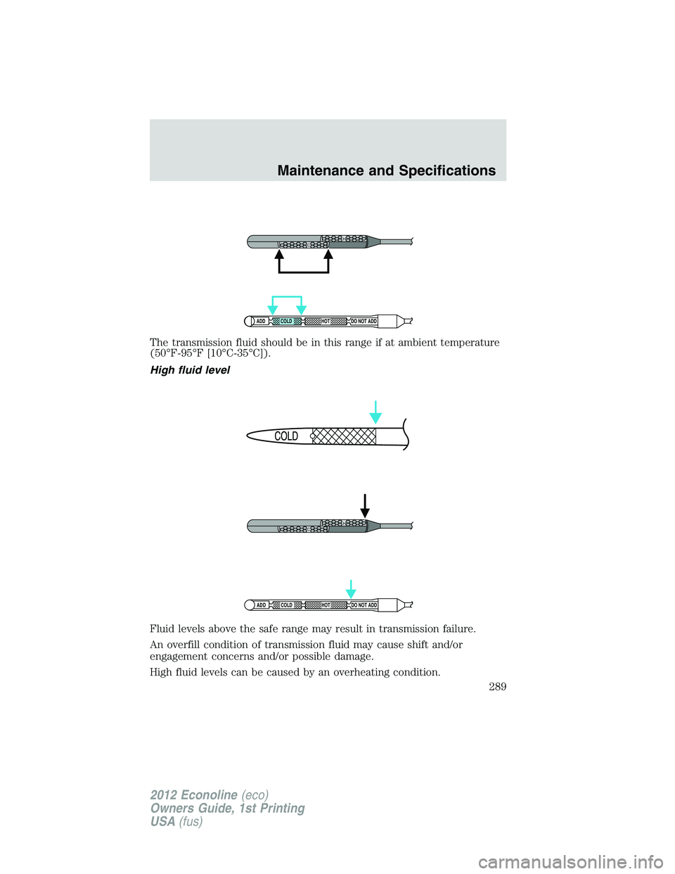 FORD E150 2012  Owners Manual The transmission fluid should be in this range if at ambient temperature
(50°F-95°F [10°C-35°C]).
High fluid level
Fluid levels above the safe range may result in transmission failure.
An overfill