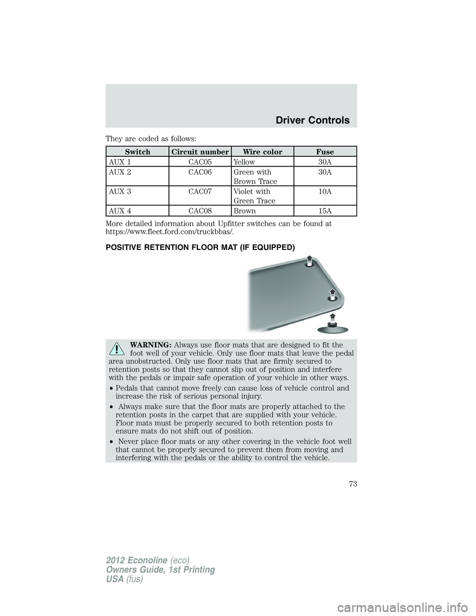 FORD E150 2012 Manual PDF They are coded as follows:
Switch Circuit number Wire color Fuse
AUX 1 CAC05 Yellow 30A
AUX 2 CAC06 Green with
Brown Trace30A
AUX 3 CAC07 Violet with
Green Trace10A
AUX 4 CAC08 Brown 15A
More detailed