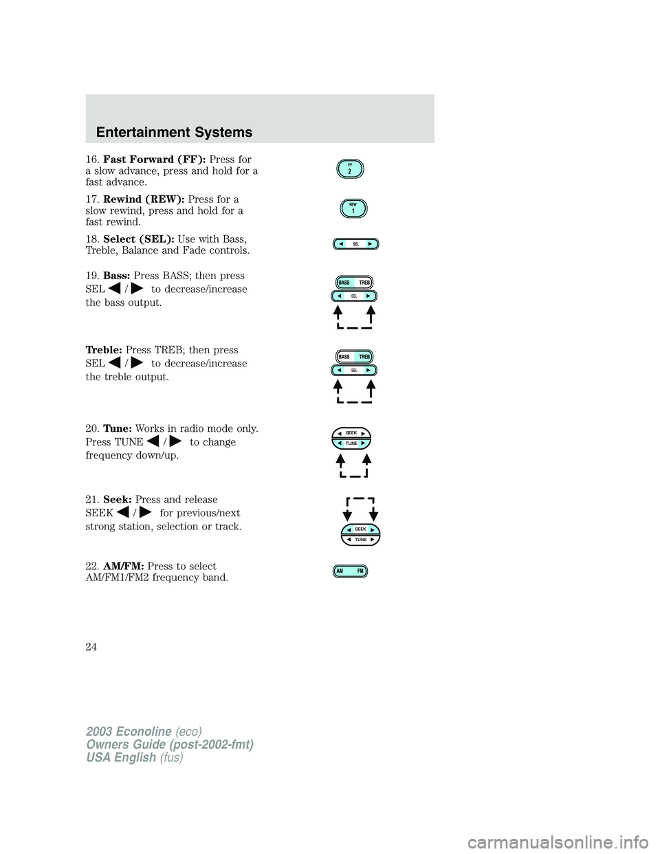 FORD E250 2003 Owners Manual 16.Fast Forward (FF):Press for
a slow advance, press and hold for a
fast advance.
17.Rewind (REW):Press for a
slow rewind, press and hold for a
fast rewind.
18.Select (SEL):Use with Bass,
Treble, Bala FORD E250 2003 Owners Manual 16.Fast Forward (FF):Press for
a slow advance, press and hold for a
fast advance.
17.Rewind (REW):Press for a
slow rewind, press and hold for a
fast rewind.
18.Select (SEL):Use with Bass,
Treble, Bala