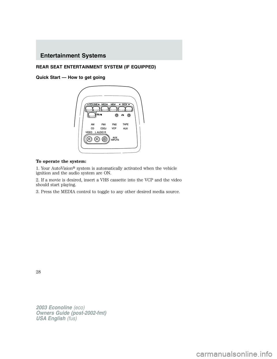 FORD E250 2003 Owners Manual REAR SEAT ENTERTAINMENT SYSTEM (IF EQUIPPED)
Quick Start — How to get going
To operate the system:
1. Your AutoVisionsystem is automatically activated when the vehicle
ignition and the audio system