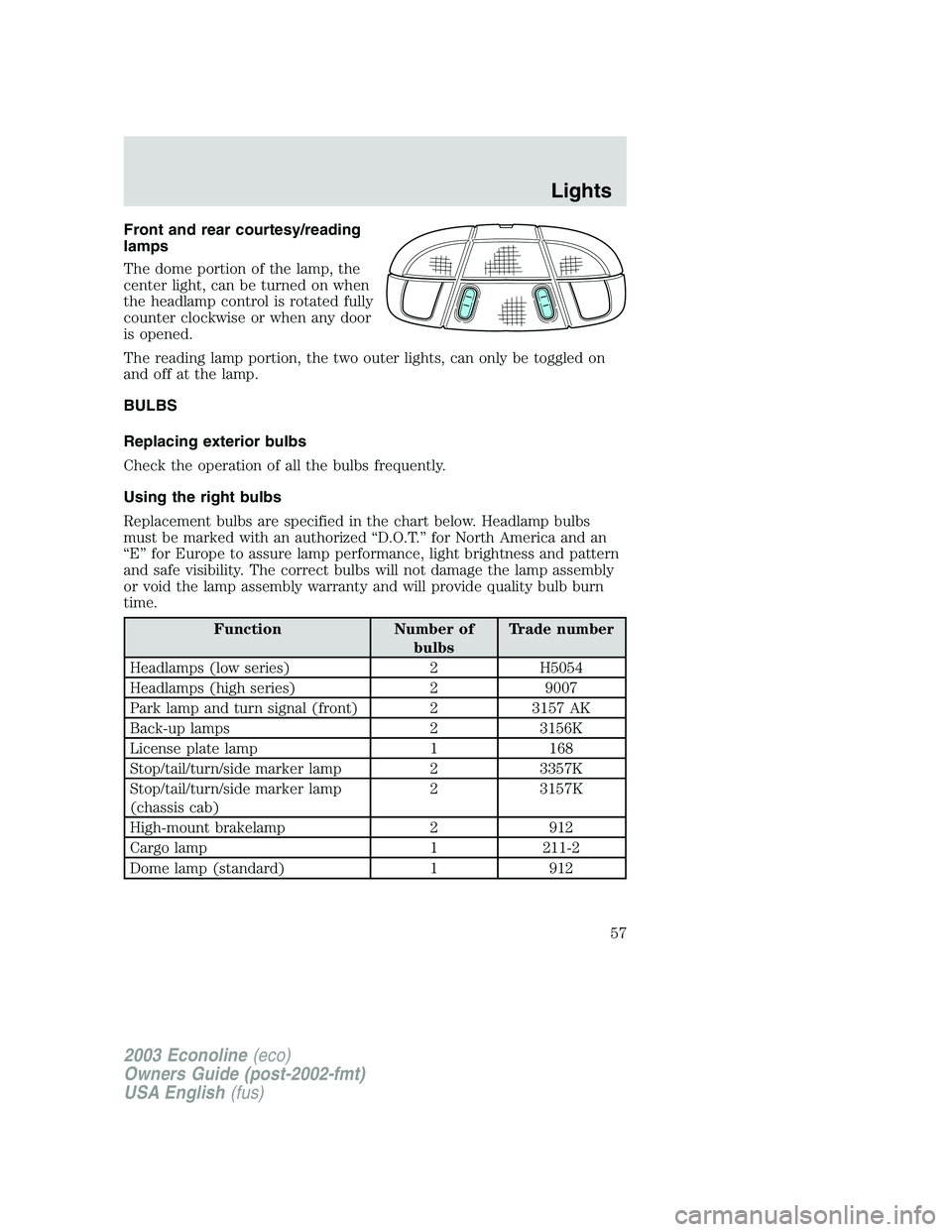 FORD E250 2003 Workshop Manual Front and rear courtesy/reading
lamps
The dome portion of the lamp, the
center light, can be turned on when
the headlamp control is rotated fully
counter clockwise or when any door
is opened.
The read