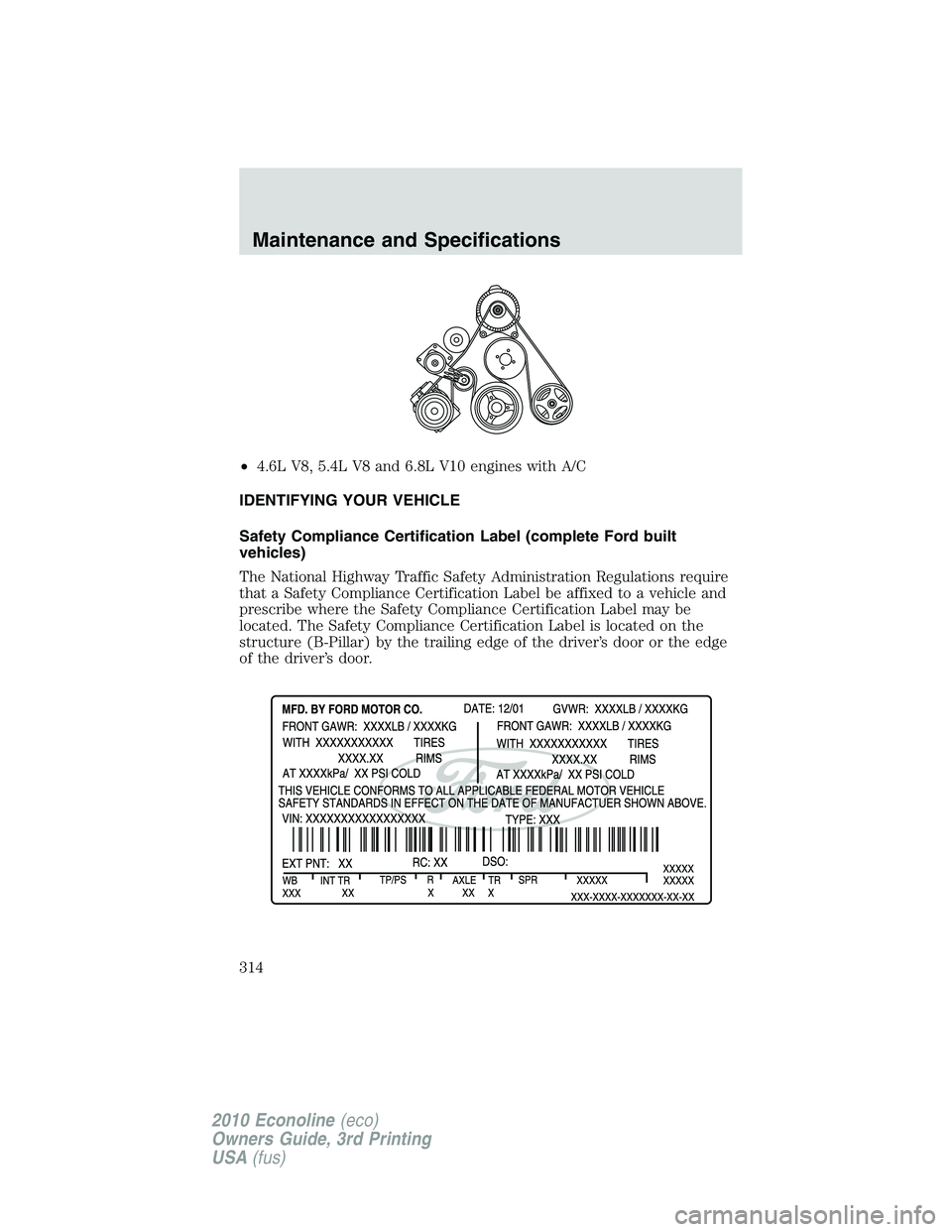 FORD E250 2010 Owners Manual •4.6L V8, 5.4L V8 and 6.8L V10 engines with A/C
IDENTIFYING YOUR VEHICLE
Safety Compliance Certification Label (complete Ford built
vehicles)
The National Highway Traffic Safety Administration Regul FORD E250 2010 Owners Manual •4.6L V8, 5.4L V8 and 6.8L V10 engines with A/C
IDENTIFYING YOUR VEHICLE
Safety Compliance Certification Label (complete Ford built
vehicles)
The National Highway Traffic Safety Administration Regul