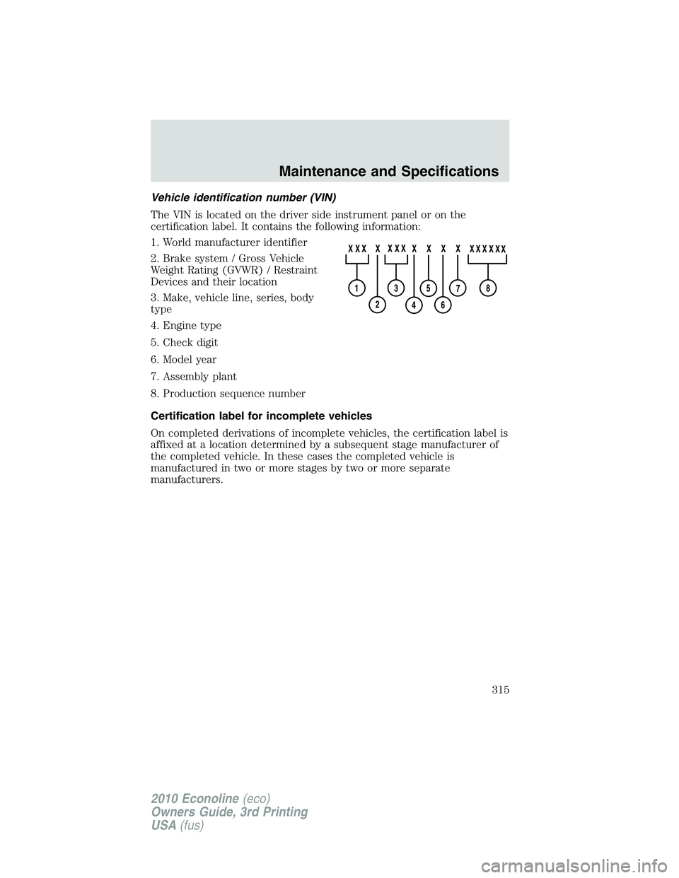 FORD E250 2010 Owners Manual Vehicle identification number (VIN)
The VIN is located on the driver side instrument panel or on the
certification label. It contains the following information:
1. World manufacturer identifier
2. Bra FORD E250 2010 Owners Manual Vehicle identification number (VIN)
The VIN is located on the driver side instrument panel or on the
certification label. It contains the following information:
1. World manufacturer identifier
2. Bra