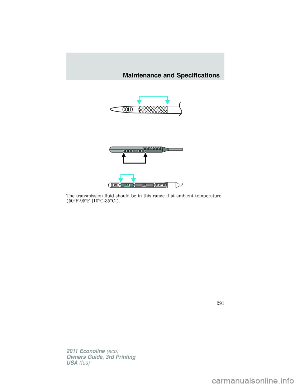FORD E250 2011  Owners Manual The transmission fluid should be in this range if at ambient temperature
(50°F-95°F [10°C-35°C]).
H
C
ADD COLD HOT DO NOT ADD
Maintenance and Specifications
291
2011 Econoline(eco)
Owners Guide, 3