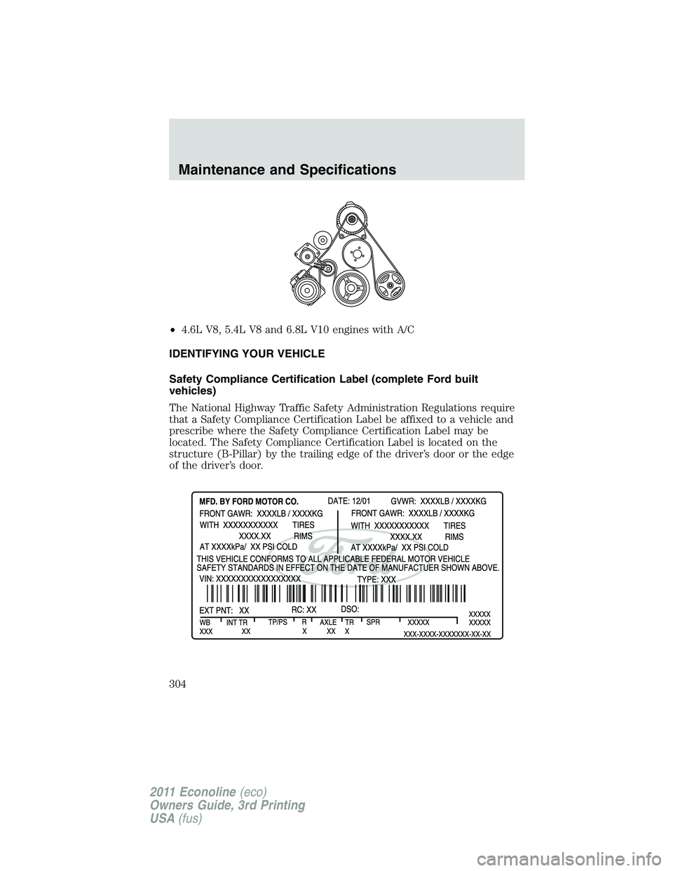 FORD E250 2011 Owners Manual •4.6L V8, 5.4L V8 and 6.8L V10 engines with A/C
IDENTIFYING YOUR VEHICLE
Safety Compliance Certification Label (complete Ford built
vehicles)
The National Highway Traffic Safety Administration Regul FORD E250 2011 Owners Manual •4.6L V8, 5.4L V8 and 6.8L V10 engines with A/C
IDENTIFYING YOUR VEHICLE
Safety Compliance Certification Label (complete Ford built
vehicles)
The National Highway Traffic Safety Administration Regul
