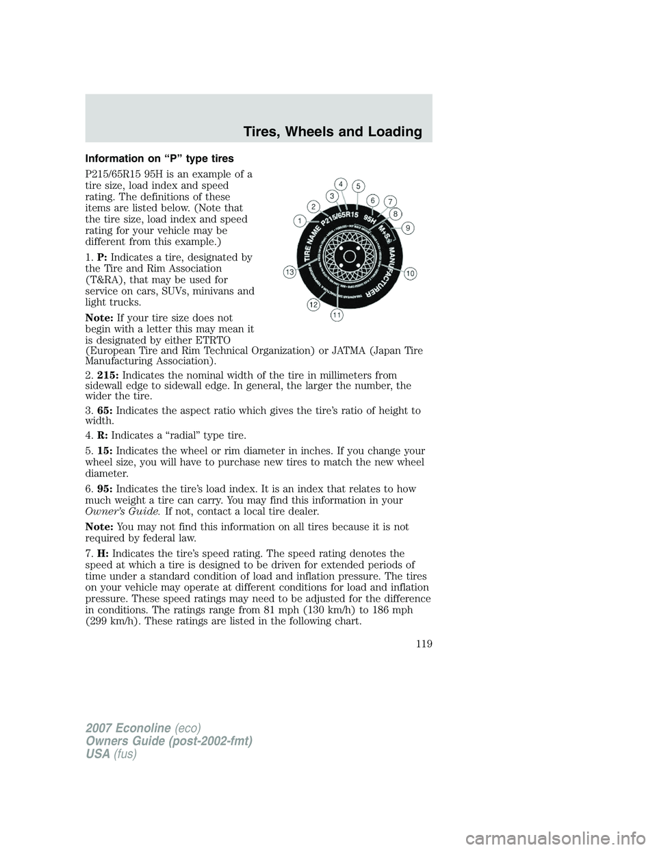 FORD E350 2007  Owners Manual Information on “P” type tires
P215/65R15 95H is an example of a
tire size, load index and speed
rating. The definitions of these
items are listed below. (Note that
the tire size, load index and sp