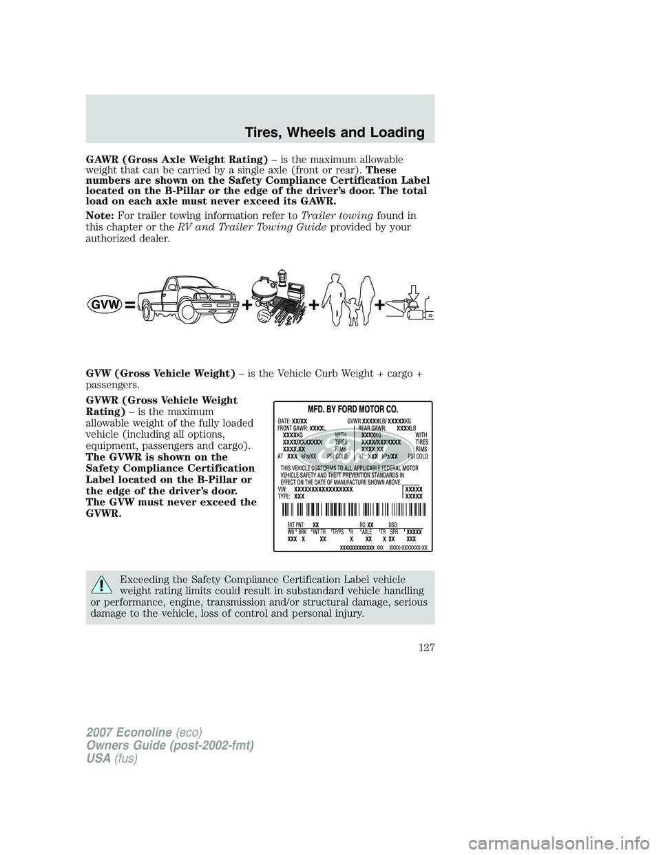 FORD E350 2007 Owners Manual GAWR (Gross Axle Weight Rating)– is the maximum allowable
weight that can be carried by a single axle (front or rear).These
numbers are shown on the Safety Compliance Certification Label
located on FORD E350 2007 Owners Manual GAWR (Gross Axle Weight Rating)– is the maximum allowable
weight that can be carried by a single axle (front or rear).These
numbers are shown on the Safety Compliance Certification Label
located on