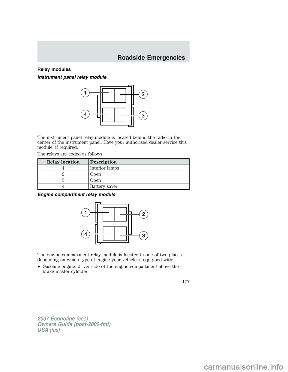 FORD E350 2007 Owners Manual Relay modules
Instrument panel relay module
The instrument panel relay module is located behind the radio in the
center of the instrument panel. Have your authorized dealer service this
module, if req FORD E350 2007 Owners Manual Relay modules
Instrument panel relay module
The instrument panel relay module is located behind the radio in the
center of the instrument panel. Have your authorized dealer service this
module, if req
