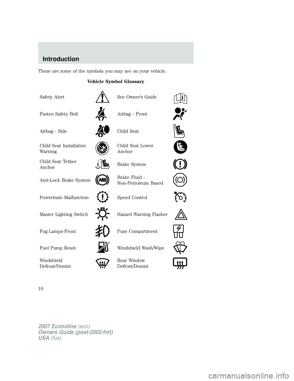 FORD E350 2007 Owners Manual These are some of the symbols you may see on your vehicle.
Vehicle Symbol Glossary
Safety Alert
See Owner’s Guide
Fasten Safety BeltAirbag - Front
Airbag - SideChild Seat
Child Seat Installation
War FORD E350 2007 Owners Manual These are some of the symbols you may see on your vehicle.
Vehicle Symbol Glossary
Safety Alert
See Owner’s Guide
Fasten Safety BeltAirbag - Front
Airbag - SideChild Seat
Child Seat Installation
War