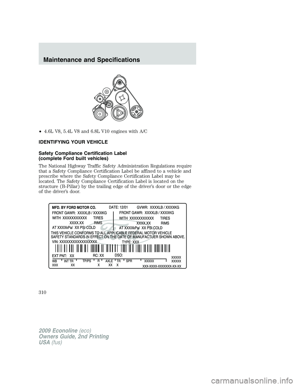 FORD E350 2009 Owners Manual •4.6L V8, 5.4L V8 and 6.8L V10 engines with A/C
IDENTIFYING YOUR VEHICLE
Safety Compliance Certification Label
(complete Ford built vehicles)
The National Highway Traffic Safety Administration Regul FORD E350 2009 Owners Manual •4.6L V8, 5.4L V8 and 6.8L V10 engines with A/C
IDENTIFYING YOUR VEHICLE
Safety Compliance Certification Label
(complete Ford built vehicles)
The National Highway Traffic Safety Administration Regul