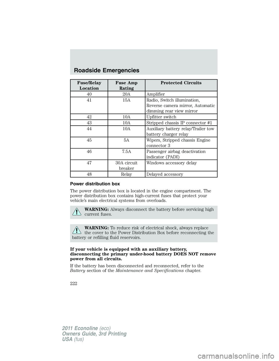 FORD E350 2011  Owners Manual Fuse/Relay
LocationFuse Amp
RatingProtected Circuits
40 20A Amplifier
41 15A Radio, Switch illumination,
Reverse camera mirror, Automatic
dimming rear view mirror
42 10A Upfitter switch
43 10A Strippe