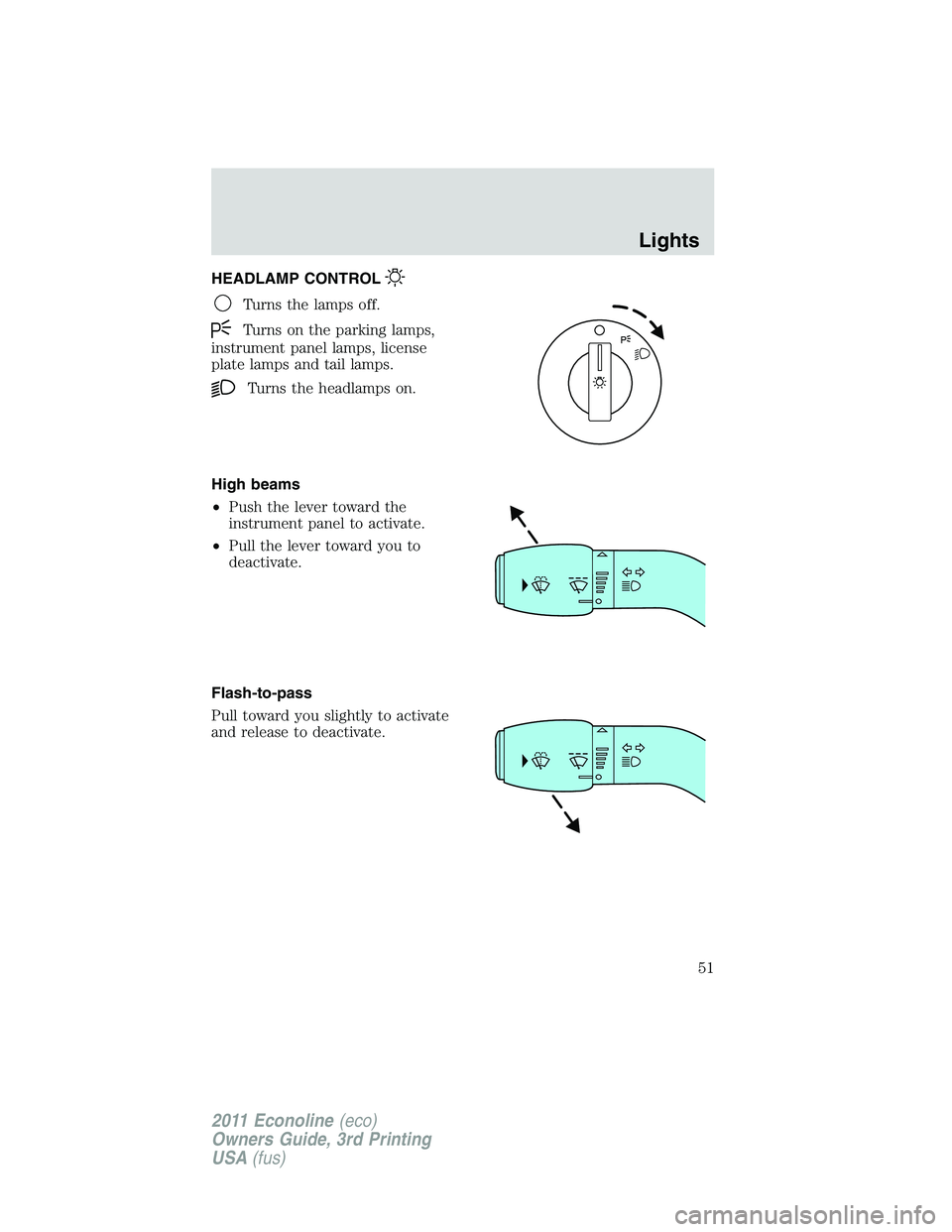 FORD E350 2011 Workshop Manual HEADLAMP CONTROL
Turns the lamps off.
Turns on the parking lamps,
instrument panel lamps, license
plate lamps and tail lamps.
Turns the headlamps on.
High beams
•Push the lever toward the
instrument