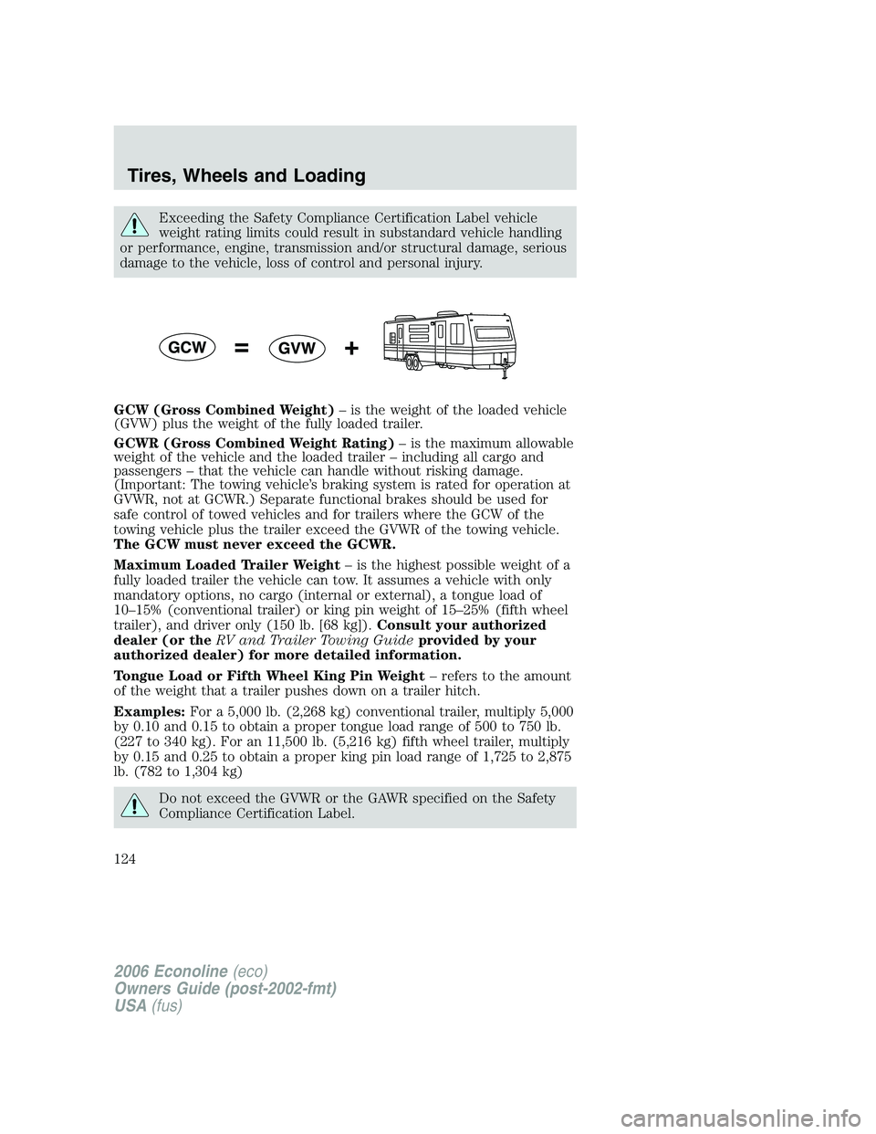 FORD E450 2006 Owners Manual Exceeding the Safety Compliance Certification Label vehicle
weight rating limits could result in substandard vehicle handling
or performance, engine, transmission and/or structural damage, serious
dam FORD E450 2006 Owners Manual Exceeding the Safety Compliance Certification Label vehicle
weight rating limits could result in substandard vehicle handling
or performance, engine, transmission and/or structural damage, serious
dam