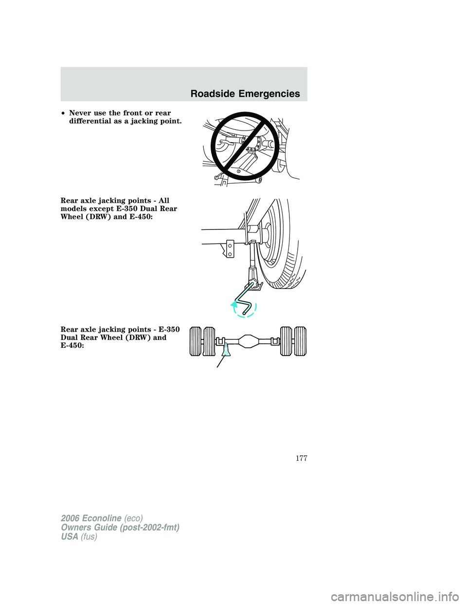 FORD E450 2006 Owners Manual •Never use the front or rear
differential as a jacking point.
Rear axle jacking points - All
models except E-350 Dual Rear
Wheel (DRW) and E-450:
Rear axle jacking points - E-350
Dual Rear Wheel (DR FORD E450 2006 Owners Manual •Never use the front or rear
differential as a jacking point.
Rear axle jacking points - All
models except E-350 Dual Rear
Wheel (DRW) and E-450:
Rear axle jacking points - E-350
Dual Rear Wheel (DR