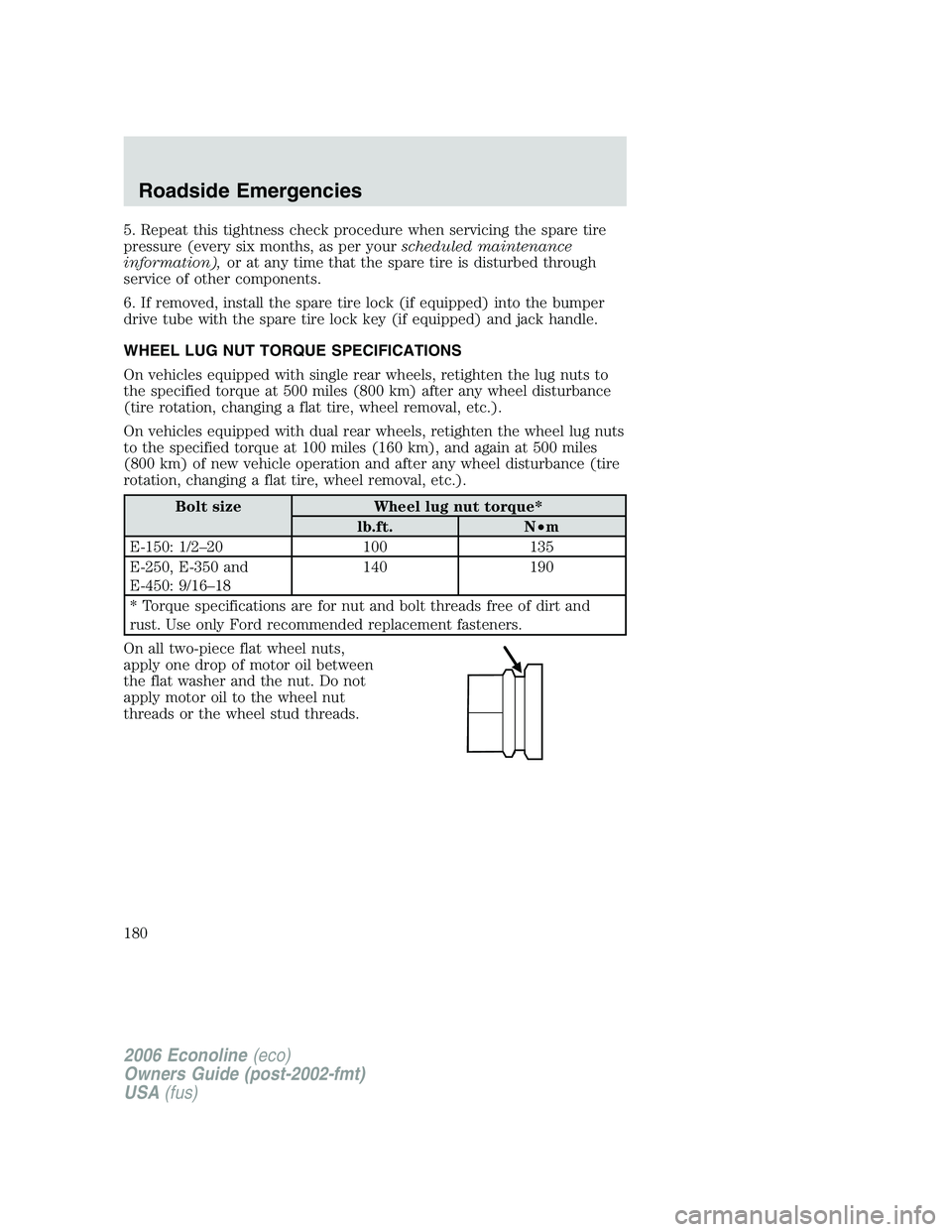 FORD E450 2006 Owners Manual 5. Repeat this tightness check procedure when servicing the spare tire
pressure (every six months, as per yourscheduled maintenance
information),or at any time that the spare tire is disturbed through FORD E450 2006 Owners Manual 5. Repeat this tightness check procedure when servicing the spare tire
pressure (every six months, as per yourscheduled maintenance
information),or at any time that the spare tire is disturbed through