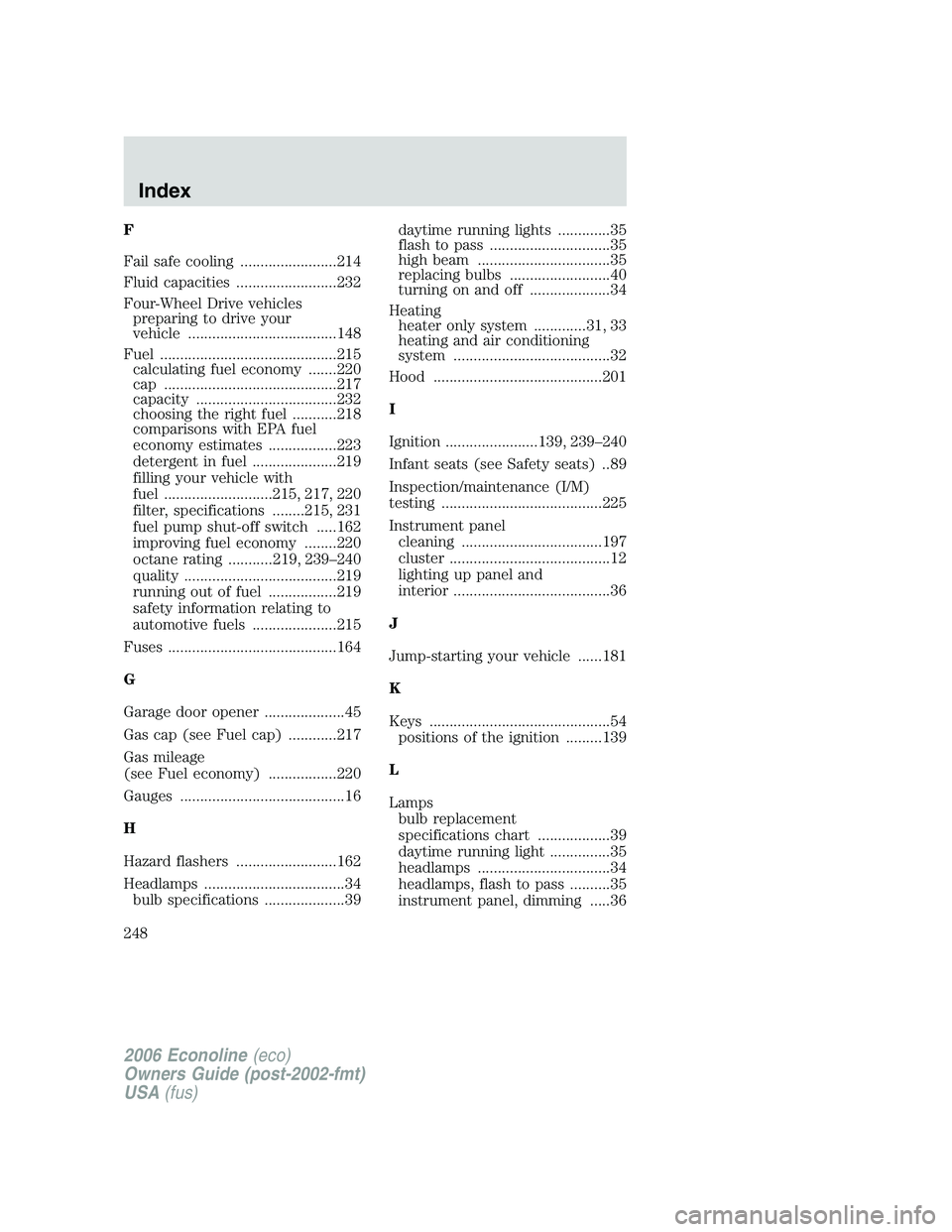 FORD E450 2006 Owners Manual F
Fail safe cooling ........................214
Fluid capacities .........................232
Four-Wheel Drive vehicles
preparing to drive your
vehicle .....................................148
Fuel .. FORD E450 2006 Owners Manual F
Fail safe cooling ........................214
Fluid capacities .........................232
Four-Wheel Drive vehicles
preparing to drive your
vehicle .....................................148
Fuel ..