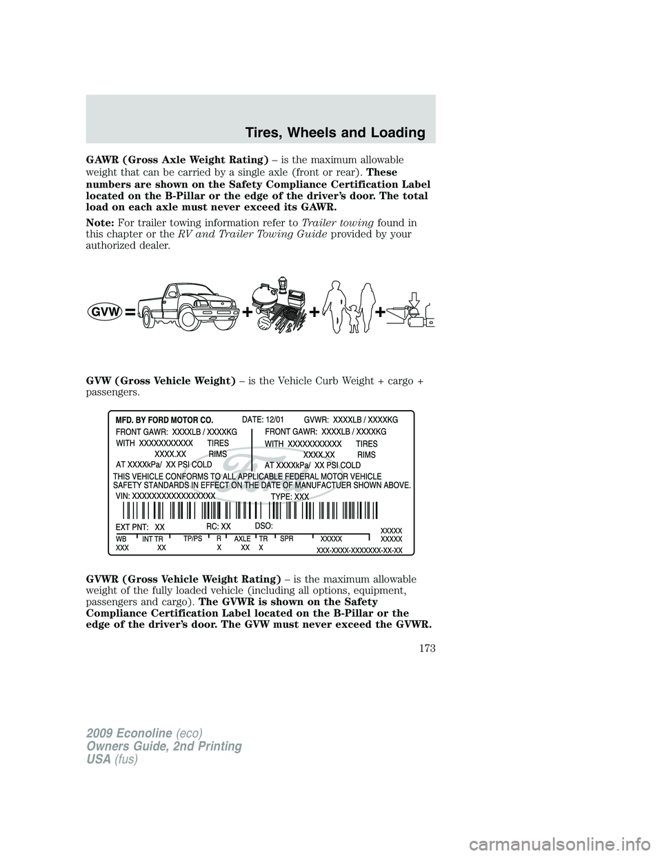 FORD E450 2009 Owners Manual GAWR (Gross Axle Weight Rating)– is the maximum allowable
weight that can be carried by a single axle (front or rear).These
numbers are shown on the Safety Compliance Certification Label
located on FORD E450 2009 Owners Manual GAWR (Gross Axle Weight Rating)– is the maximum allowable
weight that can be carried by a single axle (front or rear).These
numbers are shown on the Safety Compliance Certification Label
located on