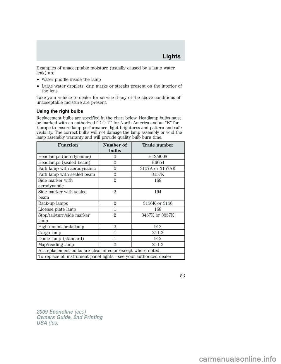 FORD E450 2009 Workshop Manual Examples of unacceptable moisture (usually caused by a lamp water
leak) are:
•Water puddle inside the lamp
•Large water droplets, drip marks or streaks present on the interior of
the lens
Take you