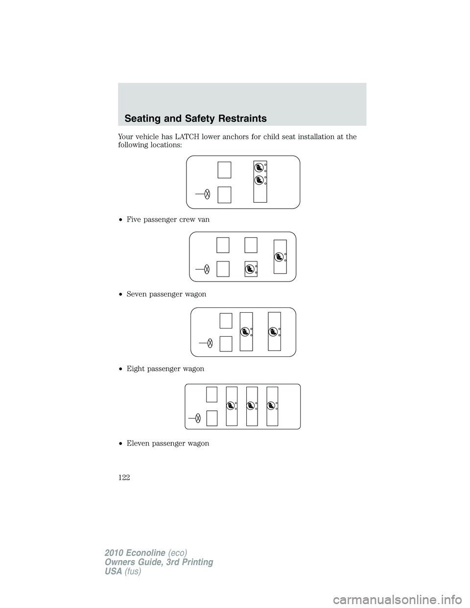 FORD E450 2010 Owners Manual Your vehicle has LATCH lower anchors for child seat installation at the
following locations:
•Five passenger crew van
•Seven passenger wagon
•Eight passenger wagon
•Eleven passenger wagon
Seat FORD E450 2010 Owners Manual Your vehicle has LATCH lower anchors for child seat installation at the
following locations:
•Five passenger crew van
•Seven passenger wagon
•Eight passenger wagon
•Eleven passenger wagon
Seat