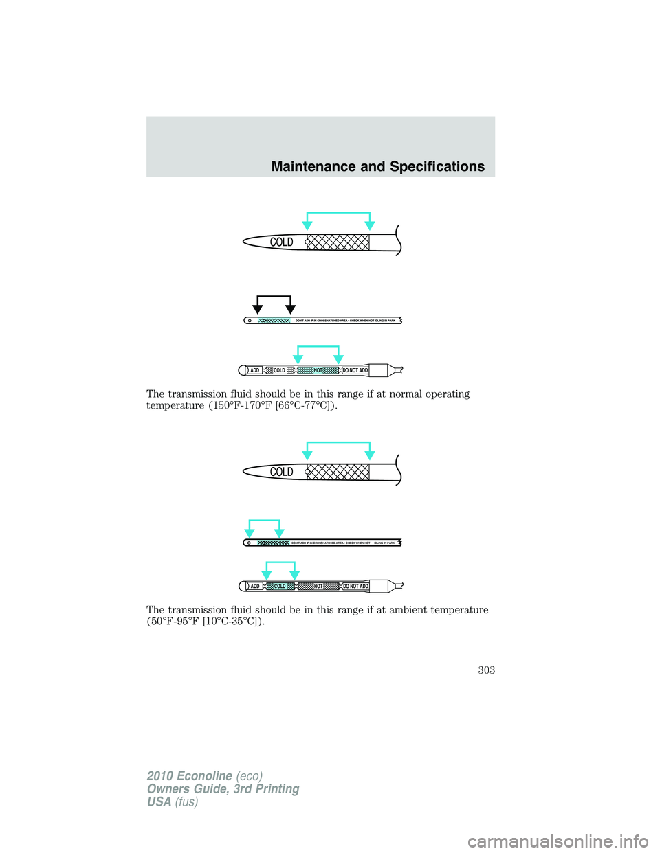 FORD E450 2010  Owners Manual The transmission fluid should be in this range if at normal operating
temperature (150°F-170°F [66°C-77°C]).
The transmission fluid should be in this range if at ambient temperature
(50°F-95°F [