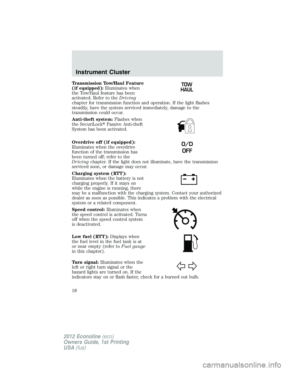 FORD E450 2012  Owners Manual Transmission Tow/Haul Feature
(if equipped):Illuminates when
the Tow/Haul feature has been
activated. Refer to theDriving
chapter for transmission function and operation. If the light flashes
steadily