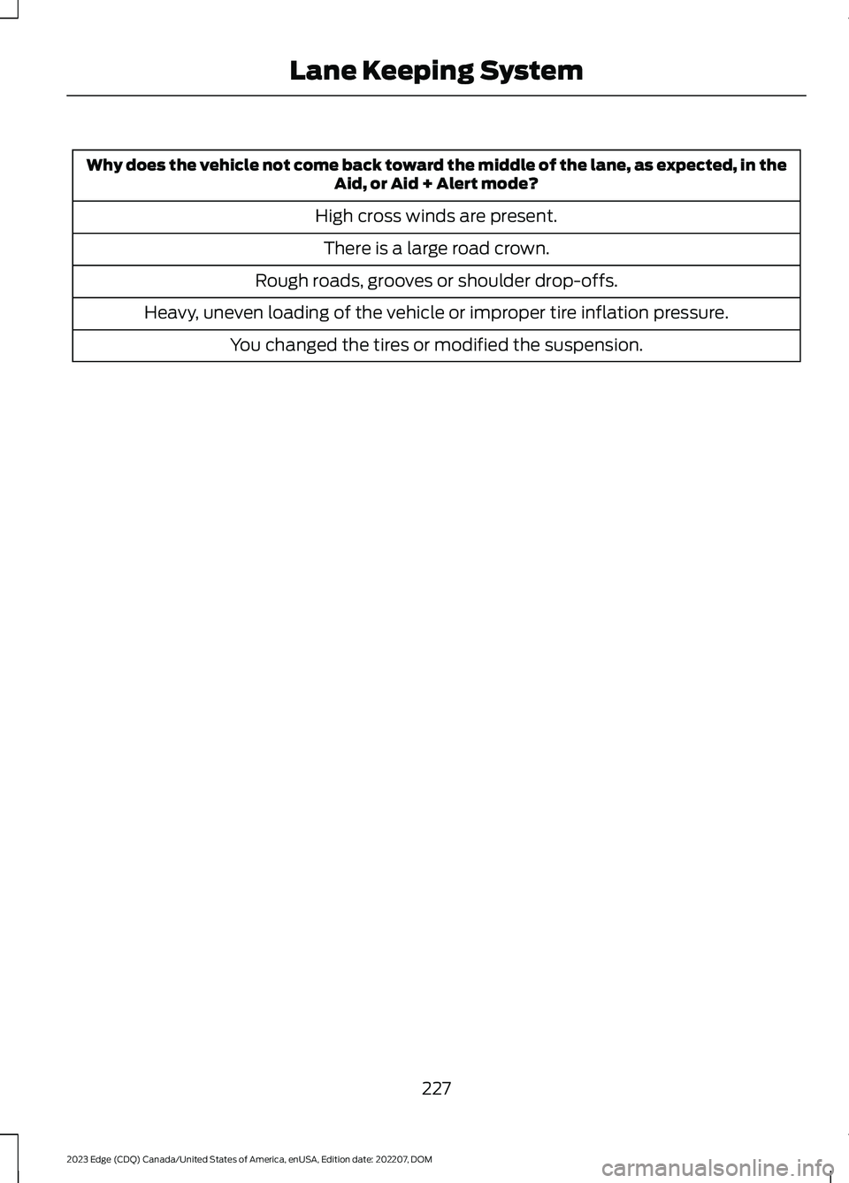 FORD EDGE 2023  Owners Manual Why does the vehicle not come back toward the middle of the lane, as expected, in theAid, or Aid + Alert mode?
High cross winds are present.
There is a large road crown.
Rough roads, grooves or should