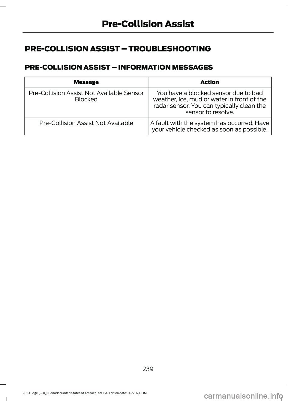 FORD EDGE 2023 Service Manual PRE-COLLISION ASSIST – TROUBLESHOOTING
PRE-COLLISION ASSIST – INFORMATION MESSAGES
ActionMessage
You have a blocked sensor due to badweather, ice, mud or water in front of theradar sensor. You can FORD EDGE 2023 Service Manual PRE-COLLISION ASSIST – TROUBLESHOOTING
PRE-COLLISION ASSIST – INFORMATION MESSAGES
ActionMessage
You have a blocked sensor due to badweather, ice, mud or water in front of theradar sensor. You can