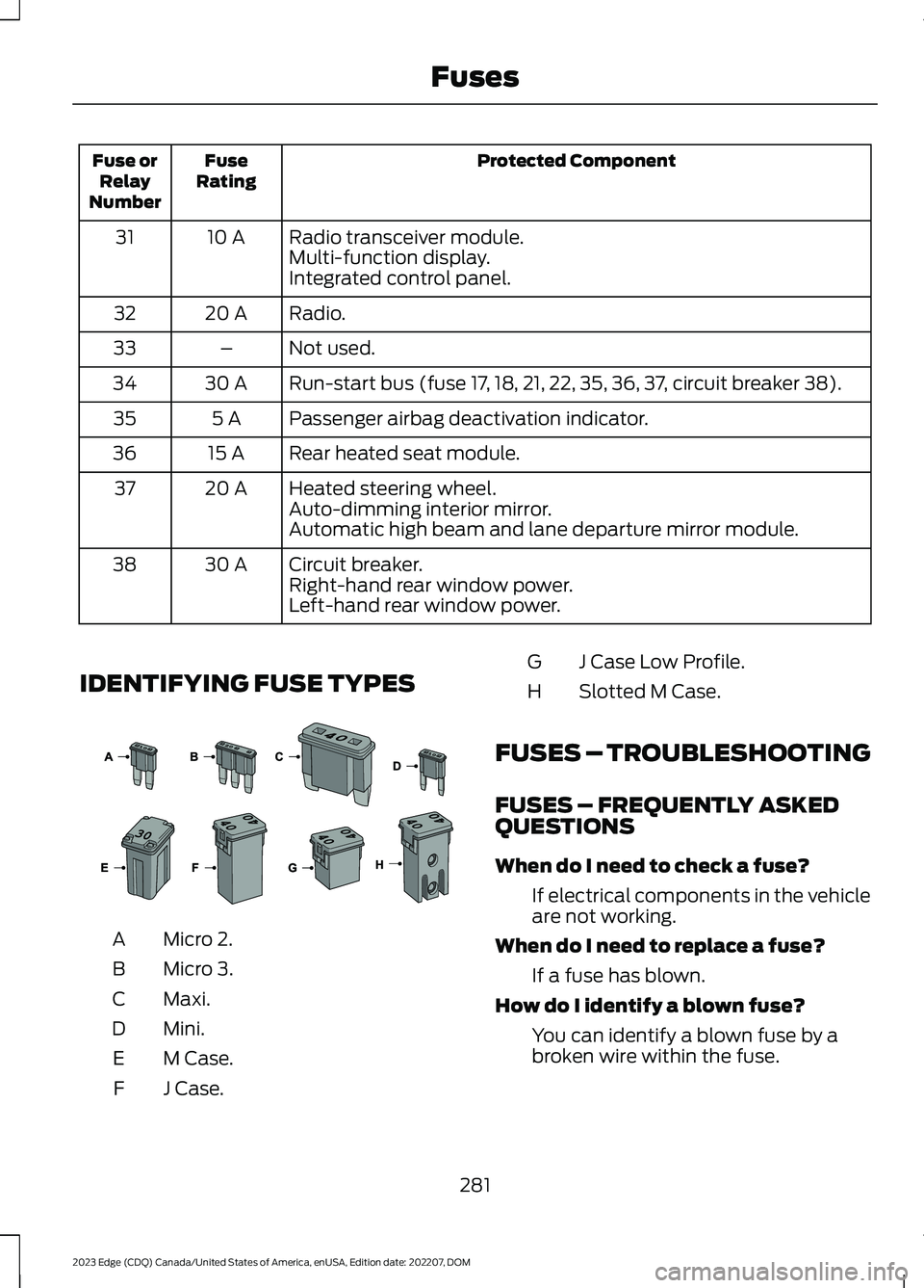FORD EDGE 2023 Owners Manual Protected ComponentFuseRatingFuse orRelayNumber
Radio transceiver module.10 A31Multi-function display.Integrated control panel.
Radio.20 A32
Not used.–33
Run-start bus (fuse 17, 18, 21, 22, 35, 36, FORD EDGE 2023 Owners Manual Protected ComponentFuseRatingFuse orRelayNumber
Radio transceiver module.10 A31Multi-function display.Integrated control panel.
Radio.20 A32
Not used.–33
Run-start bus (fuse 17, 18, 21, 22, 35, 36,