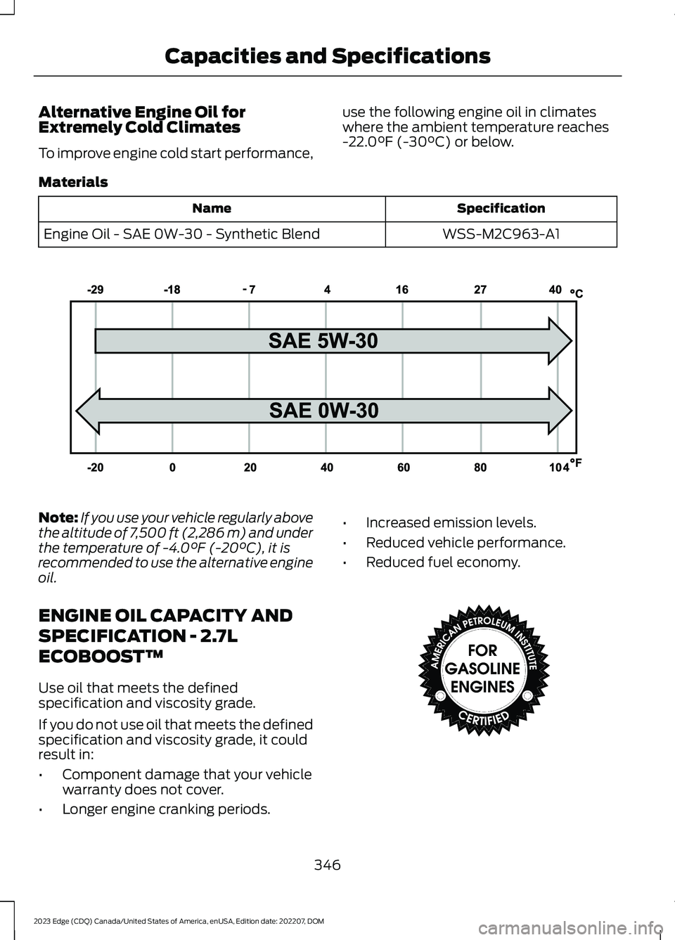 FORD EDGE 2023 Manual PDF Alternative Engine Oil forExtremely Cold Climates
To improve engine cold start performance,
use the following engine oil in climateswhere the ambient temperature reaches-22.0°F (-30°C) or below.
Mat FORD EDGE 2023 Manual PDF Alternative Engine Oil forExtremely Cold Climates
To improve engine cold start performance,
use the following engine oil in climateswhere the ambient temperature reaches-22.0°F (-30°C) or below.
Mat