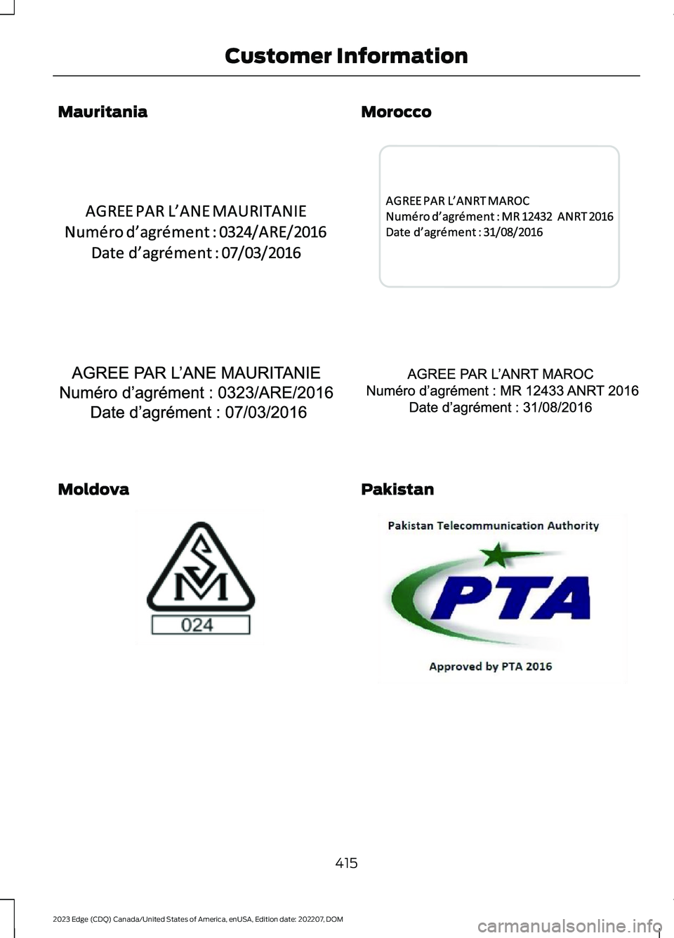 FORD EDGE 2023  Owners Manual Mauritania
Moldova
Morocco
Pakistan
415
2023 Edge (CDQ) Canada/United States of America, enUSA, Edition date: 202207, DOMCustomer InformationE340487  E340310  E337971  E343018  E340311  E337974   