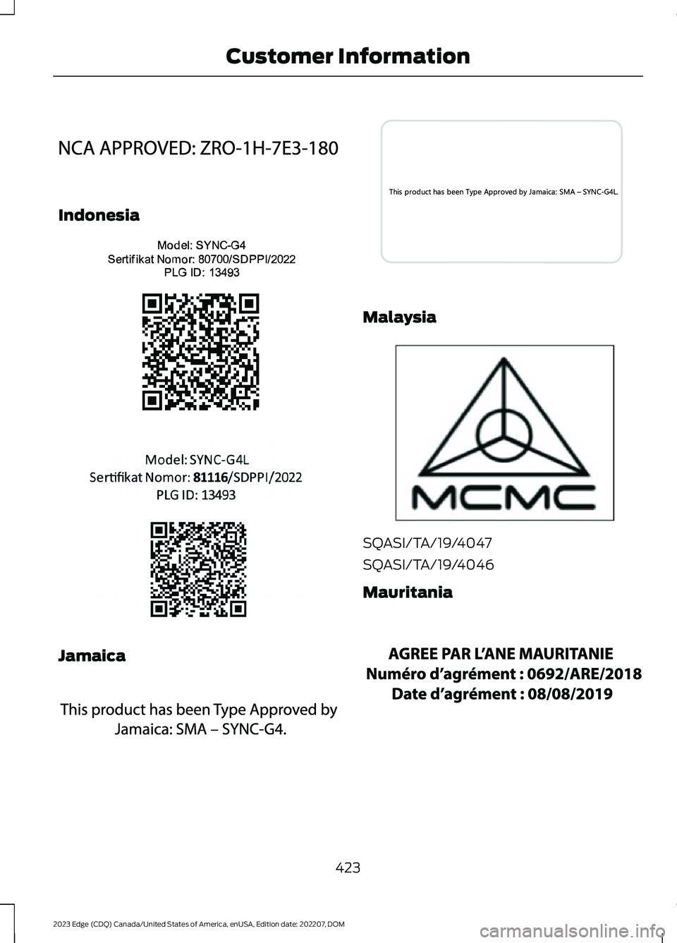 FORD EDGE 2023  Owners Manual Indonesia
Jamaica
Malaysia
SQASI/TA/19/4047
SQASI/TA/19/4046
Mauritania
423
2023 Edge (CDQ) Canada/United States of America, enUSA, Edition date: 202207, DOMCustomer InformationE338203  E380500  E3845