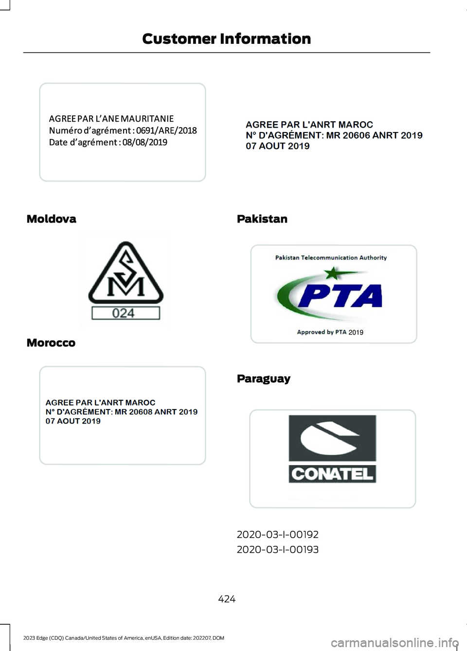 FORD EDGE 2023  Owners Manual Moldova
Morocco
Pakistan
Paraguay
2020-03-I-00192
2020-03-I-00193
424
2023 Edge (CDQ) Canada/United States of America, enUSA, Edition date: 202207, DOMCustomer InformationE342513  E337971  E338085  E3
