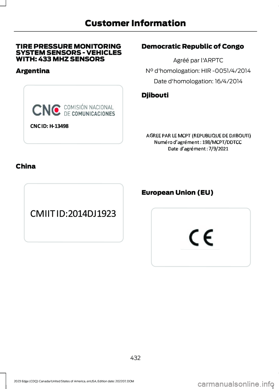FORD EDGE 2023 Repair Manual TIRE PRESSURE MONITORINGSYSTEM SENSORS - VEHICLESWITH: 433 MHZ SENSORS
Argentina
China
Democratic Republic of Congo
Agréé par l'ARPTC
N° d'homologation: HIR -0051/4/2014
Date d'homologa FORD EDGE 2023 Repair Manual TIRE PRESSURE MONITORINGSYSTEM SENSORS - VEHICLESWITH: 433 MHZ SENSORS
Argentina
China
Democratic Republic of Congo
Agréé par l'ARPTC
N° d'homologation: HIR -0051/4/2014
Date d'homologa