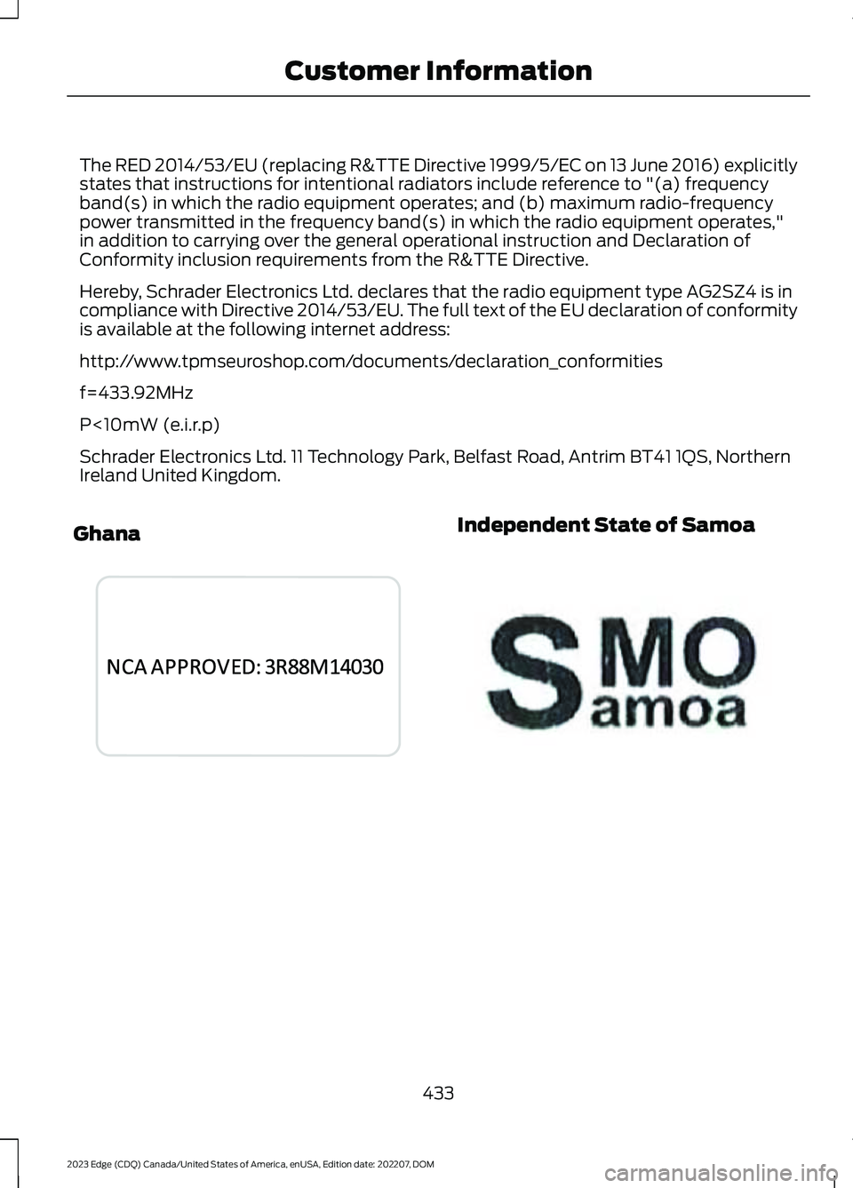 FORD EDGE 2023 Owners Manual The RED 2014/53/EU (replacing R&TTE Directive 1999/5/EC on 13 June 2016) explicitlystates that instructions for intentional radiators include reference to "(a) frequencyband(s) in which the radio FORD EDGE 2023 Owners Manual The RED 2014/53/EU (replacing R&TTE Directive 1999/5/EC on 13 June 2016) explicitlystates that instructions for intentional radiators include reference to "(a) frequencyband(s) in which the radio