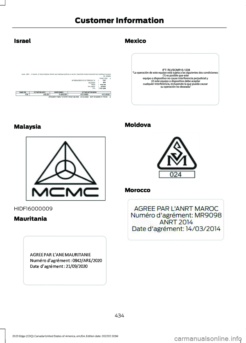 FORD EDGE 2023  Owners Manual Israel
Malaysia
HIDF16000009
Mauritania
Mexico
Moldova
Morocco
434
2023 Edge (CDQ) Canada/United States of America, enUSA, Edition date: 202207, DOMCustomer InformationE382726  E339836  E342221  E3423