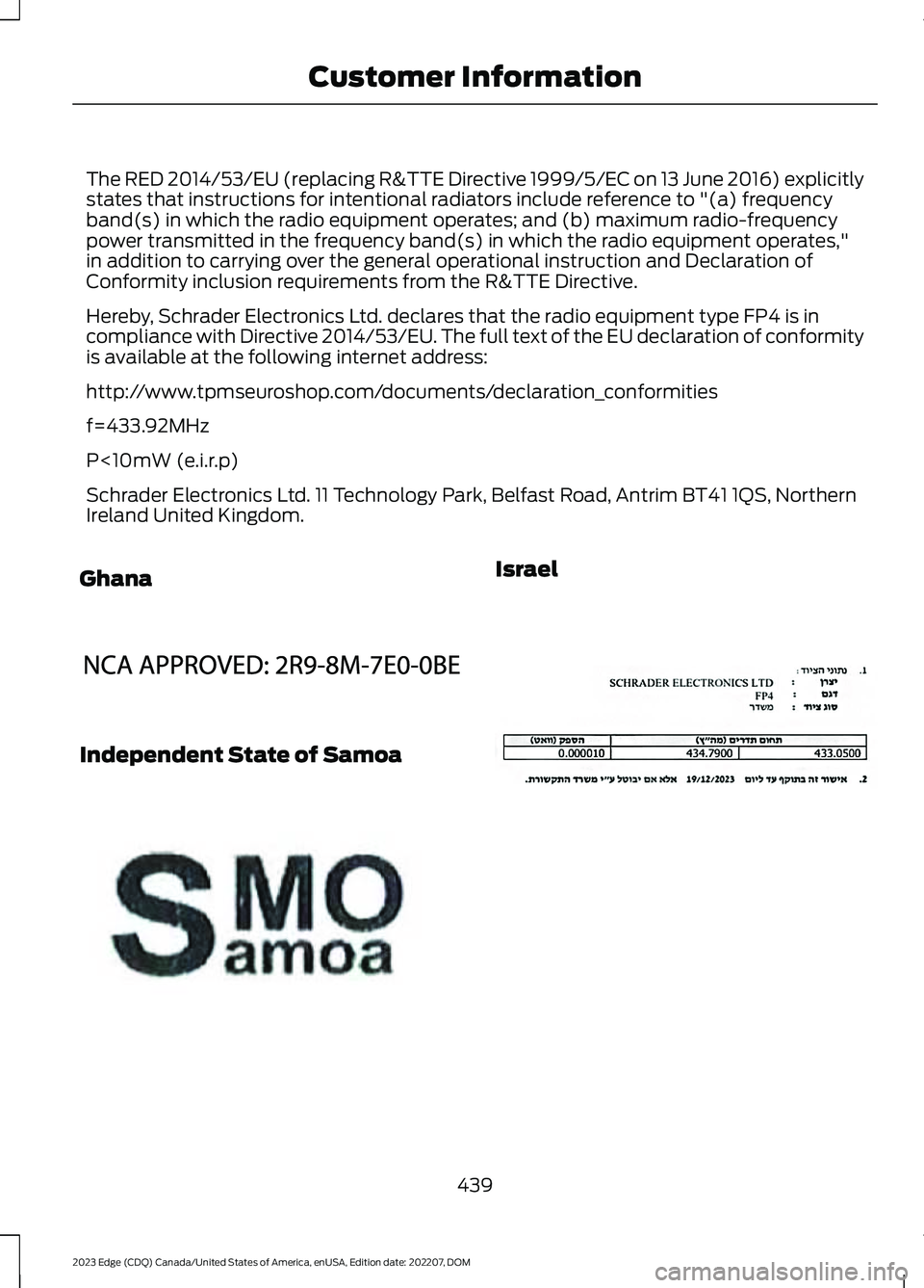 FORD EDGE 2023 Owners Manual The RED 2014/53/EU (replacing R&TTE Directive 1999/5/EC on 13 June 2016) explicitlystates that instructions for intentional radiators include reference to "(a) frequencyband(s) in which the radio FORD EDGE 2023 Owners Manual The RED 2014/53/EU (replacing R&TTE Directive 1999/5/EC on 13 June 2016) explicitlystates that instructions for intentional radiators include reference to "(a) frequencyband(s) in which the radio