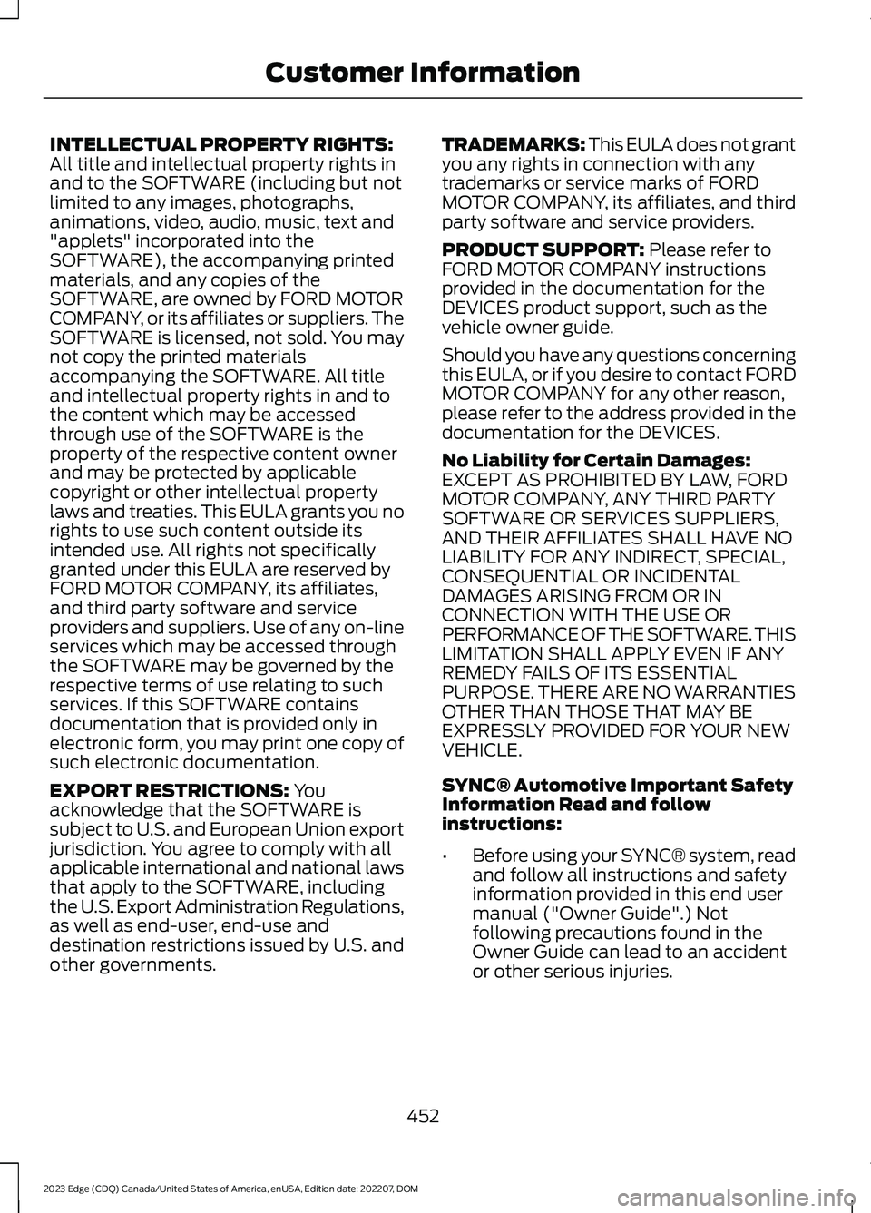 FORD EDGE 2023 Manual PDF INTELLECTUAL PROPERTY RIGHTS:All title and intellectual property rights inand to the SOFTWARE (including but notlimited to any images, photographs,animations, video, audio, music, text and"applets FORD EDGE 2023 Manual PDF INTELLECTUAL PROPERTY RIGHTS:All title and intellectual property rights inand to the SOFTWARE (including but notlimited to any images, photographs,animations, video, audio, music, text and"applets