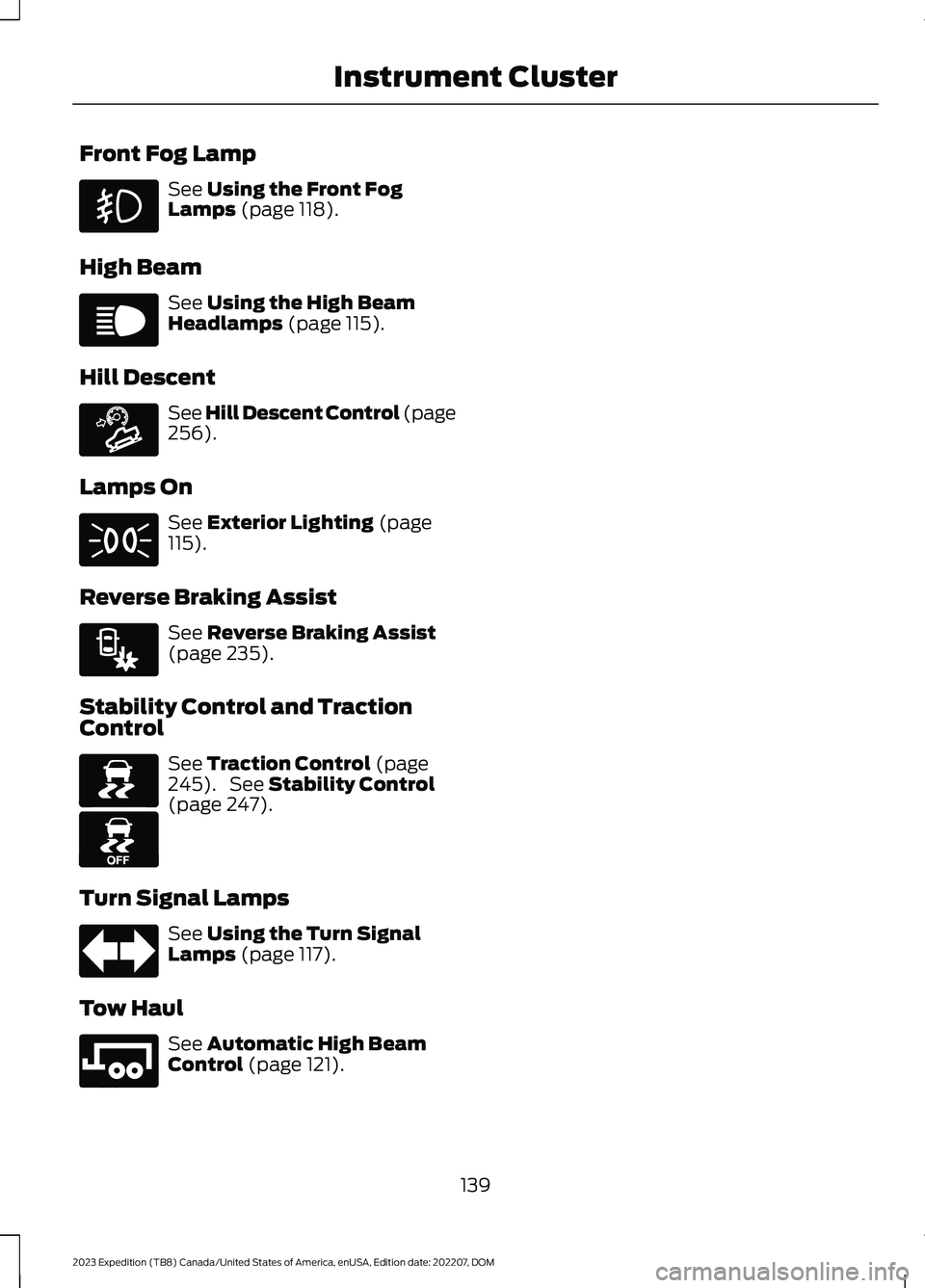 FORD EXPEDITION 2023 Owners Manual Front Fog Lamp
See Using the Front FogLamps (page 118).
High Beam
See Using the High BeamHeadlamps (page 115).
Hill Descent
See Hill Descent Control (page256).
Lamps On
See Exterior Lighting (page115) FORD EXPEDITION 2023 Owners Manual Front Fog Lamp
See Using the Front FogLamps (page 118).
High Beam
See Using the High BeamHeadlamps (page 115).
Hill Descent
See Hill Descent Control (page256).
Lamps On
See Exterior Lighting (page115)