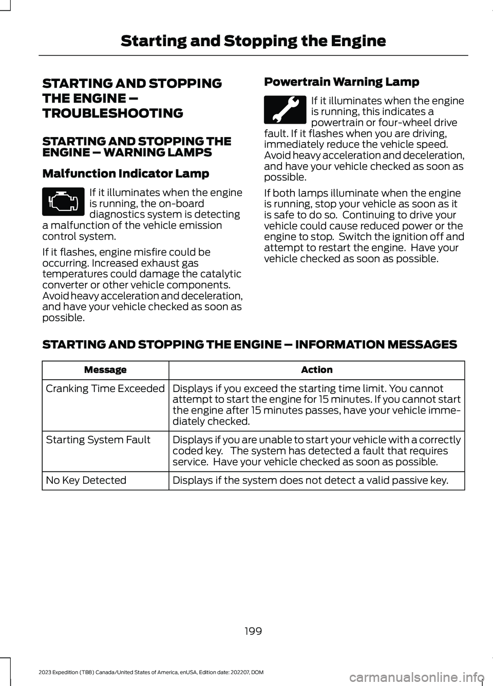 FORD EXPEDITION 2023 Owners Manual STARTING AND STOPPING
THE ENGINE –
TROUBLESHOOTING
STARTING AND STOPPING THEENGINE – WARNING LAMPS
Malfunction Indicator Lamp
If it illuminates when the engineis running, the on-boarddiagnostics s FORD EXPEDITION 2023 Owners Manual STARTING AND STOPPING
THE ENGINE –
TROUBLESHOOTING
STARTING AND STOPPING THEENGINE – WARNING LAMPS
Malfunction Indicator Lamp
If it illuminates when the engineis running, the on-boarddiagnostics s