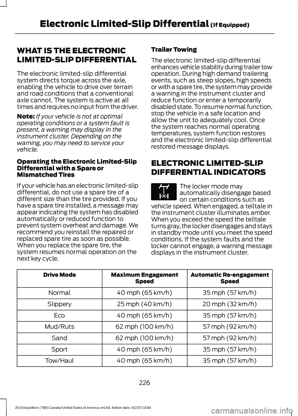 FORD EXPEDITION 2023 Owners Manual WHAT IS THE ELECTRONIC
LIMITED-SLIP DIFFERENTIAL
The electronic limited-slip differentialsystem directs torque across the axle,enabling the vehicle to drive over terrainand road conditions that a conv FORD EXPEDITION 2023 Owners Manual WHAT IS THE ELECTRONIC
LIMITED-SLIP DIFFERENTIAL
The electronic limited-slip differentialsystem directs torque across the axle,enabling the vehicle to drive over terrainand road conditions that a conv