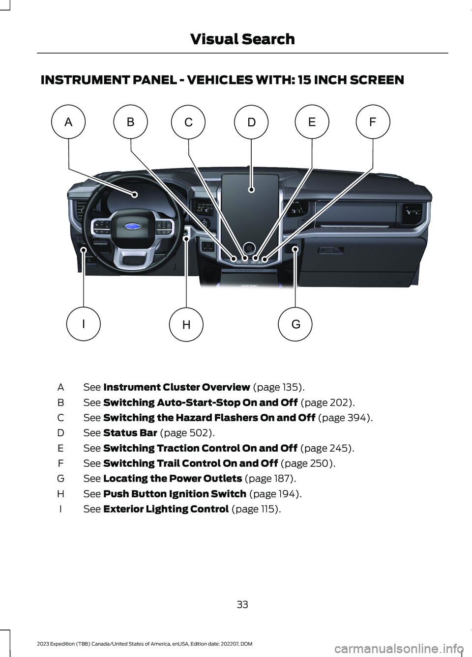 FORD EXPEDITION 2023 Owners Guide INSTRUMENT PANEL - VEHICLES WITH: 15 INCH SCREEN
See Instrument Cluster Overview (page 135).A
See Switching Auto-Start-Stop On and Off (page 202).B
See Switching the Hazard Flashers On and Off (page 3