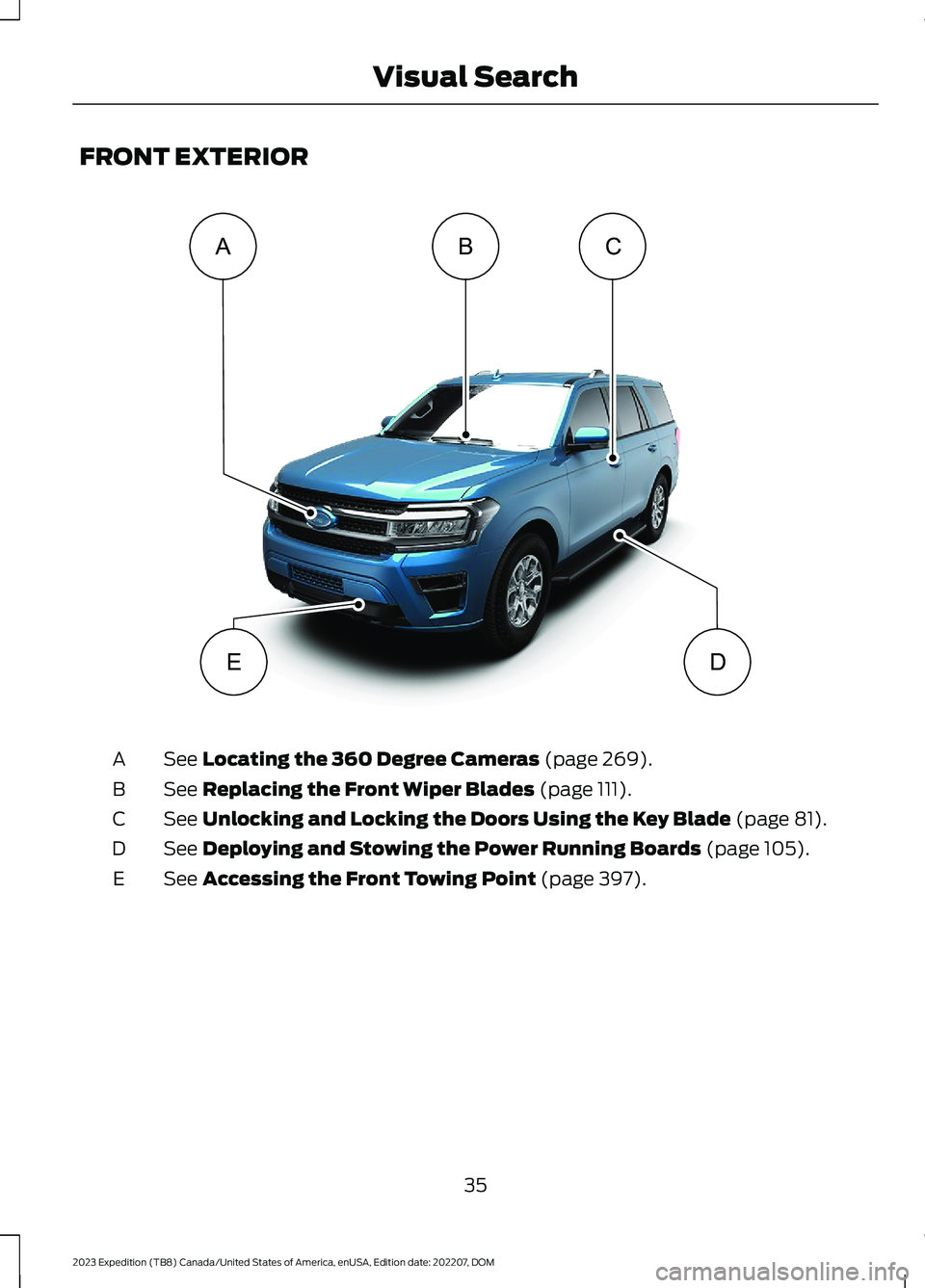 FORD EXPEDITION 2023 Owners Guide FRONT EXTERIOR
See Locating the 360 Degree Cameras (page 269).A
See Replacing the Front Wiper Blades (page 111).B
See Unlocking and Locking the Doors Using the Key Blade (page 81).C
See Deploying and 