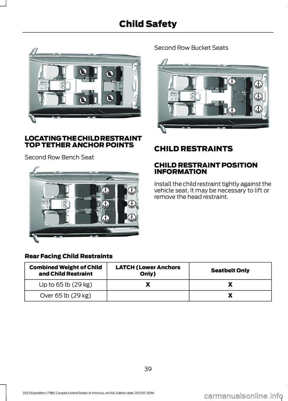 FORD EXPEDITION 2023 Service Manual LOCATING THE CHILD RESTRAINTTOP TETHER ANCHOR POINTS
Second Row Bench Seat
Second Row Bucket Seats
CHILD RESTRAINTS
CHILD RESTRAINT POSITIONINFORMATION
Install the child restraint tightly against thev